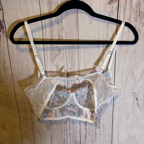 Vintage Blue and Pink Floral Embroidered Lace Sheer Bralette XL - Picture 3 of 4